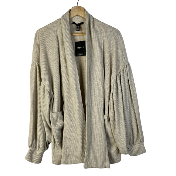 Forever 21 Light Brown Ribbed Balloon Sleeve Cardigan Sweater L - Picture 1 of 6